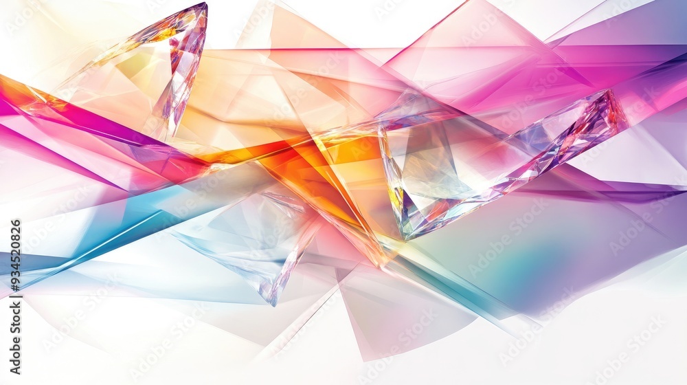 Poster modern abstract design with colorful transparent gemstones and diamonds, overlapping softly on a whi