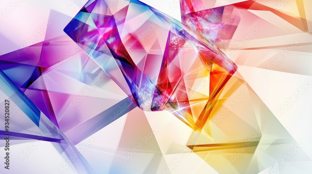 Poster modern abstract design with colorful transparent gemstones and diamonds, overlapping softly on a whi