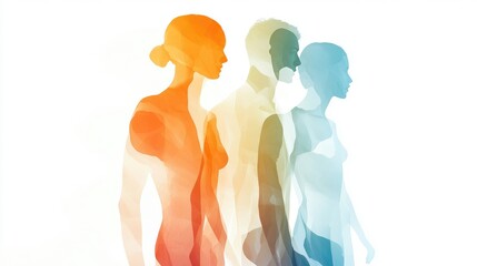 Modern abstract design with transparent human forms, overlapping man, woman, boy, and girl, on a minimalist white backdrop