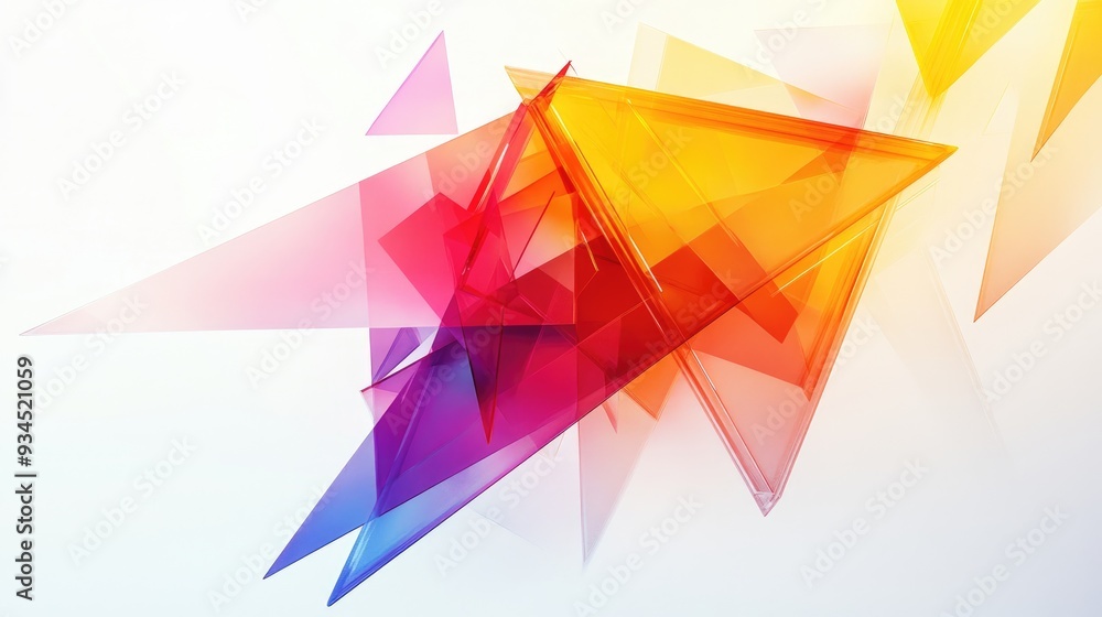 Poster overlapping colorful transparent shapes, including triangles and rectangles, floating on a white bac