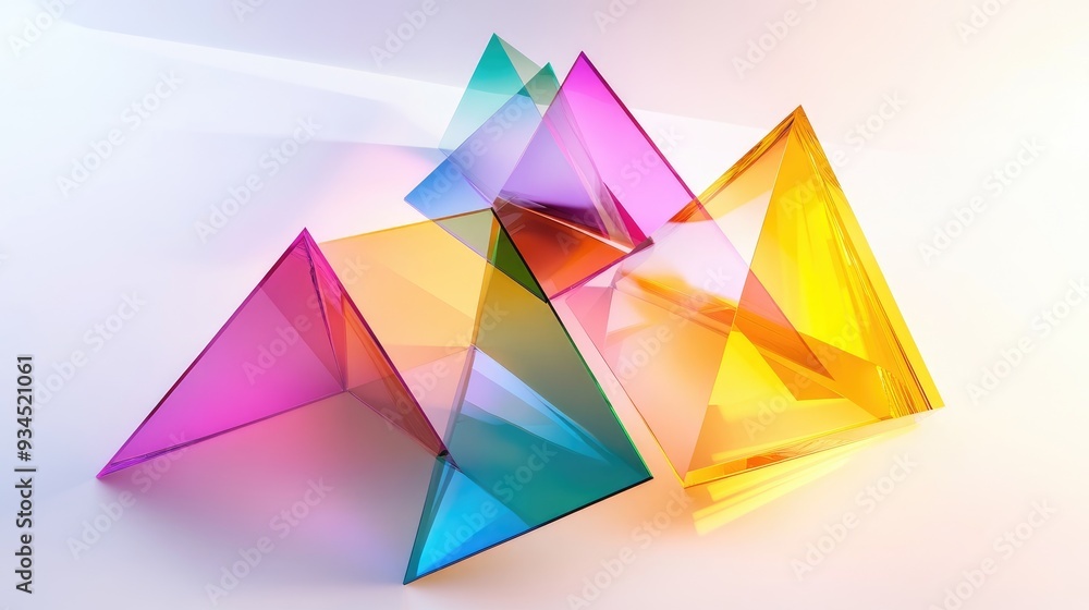 Poster overlapping colorful transparent shapes, including triangles and rectangles, floating on a white bac