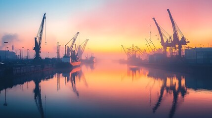 Obraz premium Sunrise Harbor with Silhouetted Cranes and Serene Golden Light