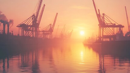 Fototapeta premium Sunrise Harbor with Silhouetted Cranes and Serene Golden Light