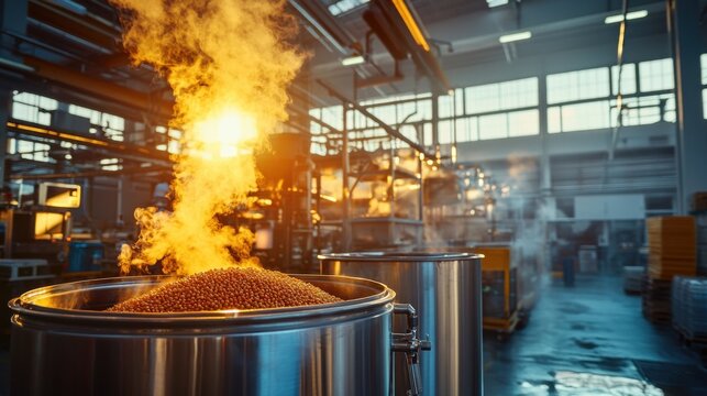 Close-up view of steaming grains of Chinese sauce wine in large stainless steel containers, with the factory is clean and bright environment in the background