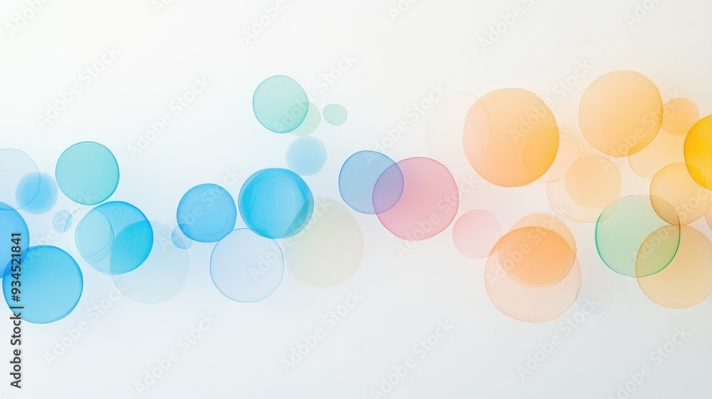 Poster subtle and minimalist design with colorful transparent circles and hexagons, overlapping gracefully 