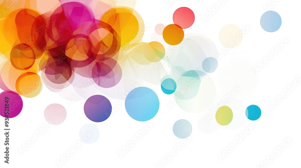 Poster subtle and minimalist design with colorful transparent circles and hexagons, overlapping gracefully 