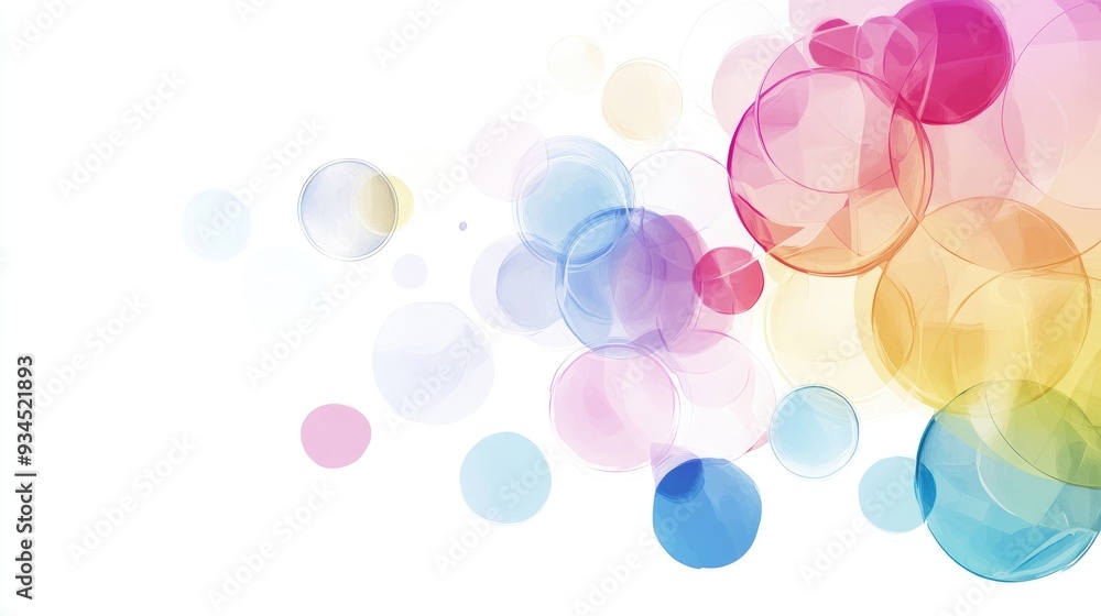 Poster subtle and minimalist design with colorful transparent circles and hexagons, overlapping gracefully 