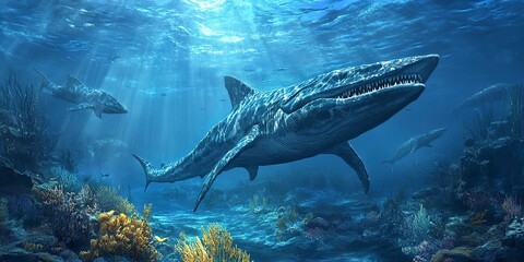 Fototapeta premium Lost World of the Ocean Depths: Majestic Ichthyosaurs and Vibrant Coral Reefs in Sunken Prehistoric Splendor