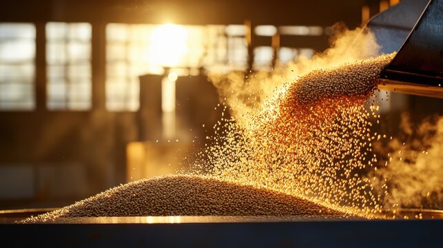 Detailed shot of grains releasing steam during the brewing process of Chinese sauce wine, showcasing the pristine conditions and modern equipment of the factory