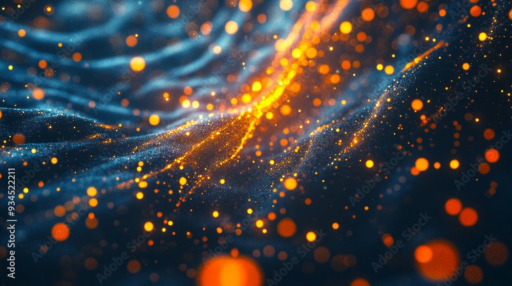 Poster a vibrant abstract background full of shimmering particles and flowing waves. this artwork captures 