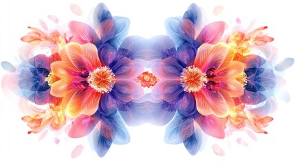 Obraz premium Vibrant and colorful fractal flowers, symmetrically arranged with intricate details, set against a minimalist white background