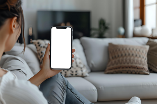 Woman holding a smartphone with a blank screen while sitting on a comfortable sofa in a modern living room. Ideal for app design mockups, lifestyle blogs, or technology-related content. 