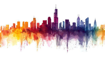 Fototapeta premium Watercolor illustration of a city skyline with vibrant colors blending into each other, isolated on a white background. Perfect for urban-themed projects, creative design, or cityscape art