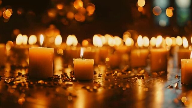 Candles Burning in the Dark with Bokeh Lights