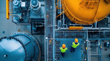 Aerial view of a large biogas plant with two workers in high-visibility vests walking along the infrastructure, surrounded by industrial tanks and equipment