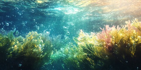 Fototapeta premium A calm subaquatic environment with flowing seaweed, softly shimmering marine life, and tranquil bubbles rising silently through the water. 