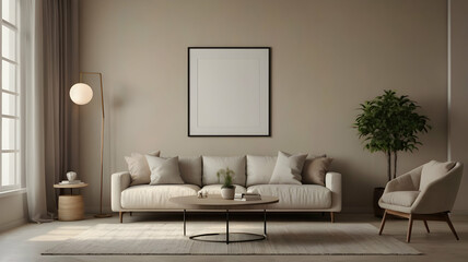 A cozy living room with a blank white frame mockup on a wall , HD Hyper Resolution 