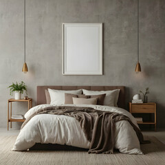 A contemporary bedroom featuring a blank white frame mockup on a textured wall, hd 