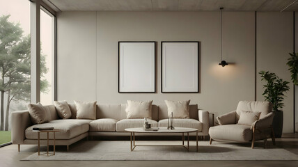 blank white frame mockup on a high, neutral-colored wall, hd