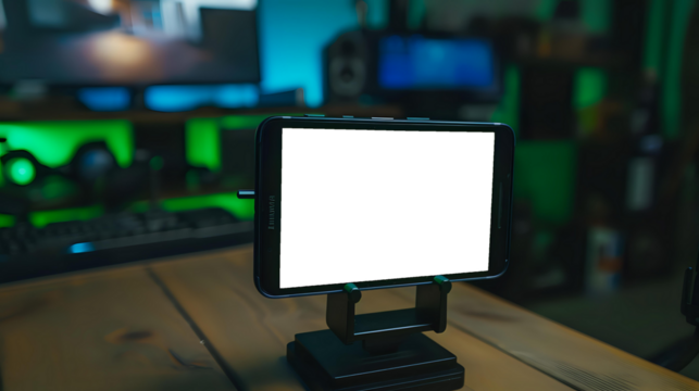 Smartphone with a blank screen mounted on a stand in a tech setup environment, illuminated by green and blue lighting. Ideal for video streaming, content creation, or app presentations