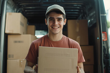 A smiling delivery man a cap holds a cardboard box in front of a van filled with packages, representing efficient and friendly delivery service.
