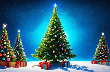 Obraz premium New Year's card with New Year's decorated Christmas trees on a snow-covered meadow