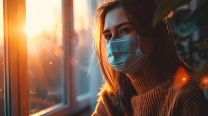 Isolated Woman in Face Mask at Home Amid Global Health Crisis Facing Anxiety and Mental Health Challenges Due to Social Distancing