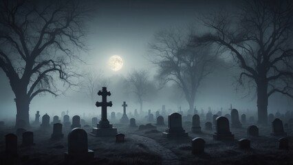 A Foggy Graveyard at Night with a Full Moon