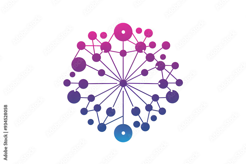 Poster abstract network structure composed of interconnected nodes in a gradient of pink and blue, isolated