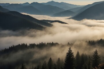Obraz premium Foggy Mountain Landscape at Dawn with Silhouetted Trees