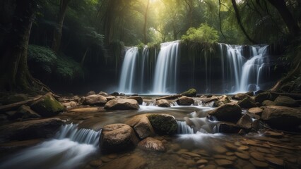 Serene Waterfall Cascading Through Lush Green Forest