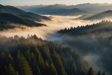 Misty Morning Over a Mountainous Forest Landscape
