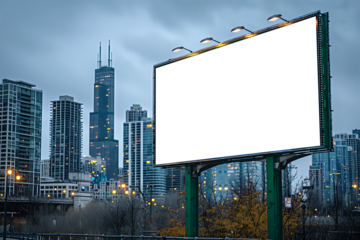 Blank billboard along a city street with modern skyscrapers in the background, ideal for outdoor advertising mockups, urban marketing campaigns, and promotional content. Ready for design use.