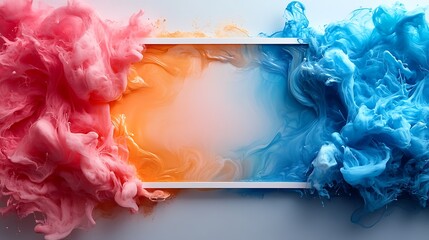 Pink and blue ink clouds on either side of a white frame on a white background.