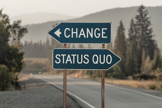 road split sign, change and status quo