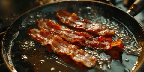 Fototapeta premium Bacon plated and ready for frying in a pan Single strip of bacon in a skillet Gourmet fast food Top notch image