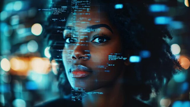 black woman with projection of digital code on face,technology and future.Dark background.Concept of digital future,learning with artificial intelligence, digital technical education.