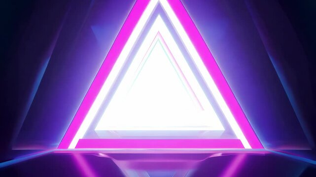 A neon triangular shape with bright pink and purple lights, glowing against a dark background, creating a futuristic feel