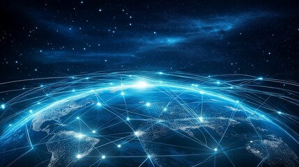 A futuristic depiction of a global network connection with glowing data lines streaming across continents under a starry sky.