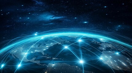 Obraz premium A futuristic depiction of a global network connection with glowing data lines streaming across continents under a starry sky.