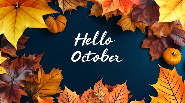 An autumn-themed graphic with colorful fall leaves surrounding the text Hello October on a dark blue background.