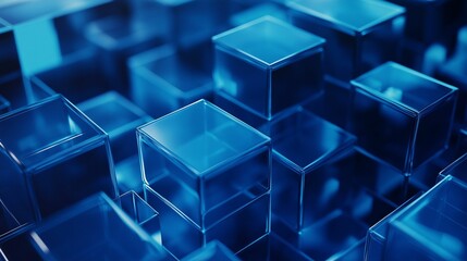 Obraz premium Abstract composition of blue transparent glass cubes arranged in a geometric 3D pattern.