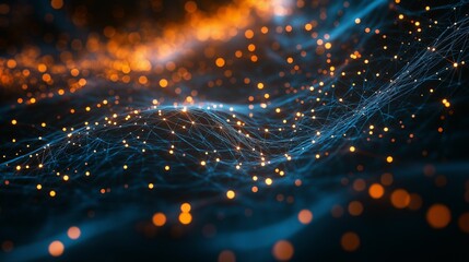 An abstract visualization of glowing orange and blue nodes connected by dynamic lines.