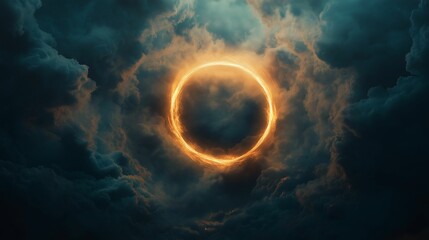 A stunning solar eclipse featuring a glowing ring of fire surrounded by dramatic clouds.