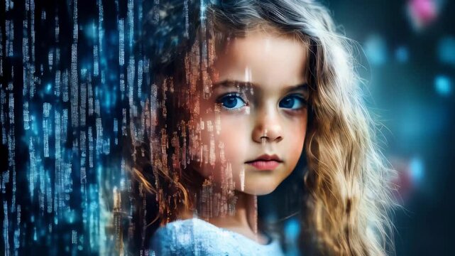 child with color projection of digital code on face,technology and future.Dark background.Concept of digital future,learning with artificial intelligence, digital technical education.