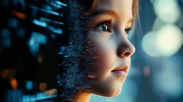 child with color projection of digital code on face,technology and future.Dark background.Concept of digital future,learning with artificial intelligence, digital technical education.