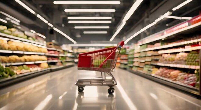 A fastmoving shopping cart in a virtual grocery store captures the essence of hig Concept Virtual Shopping Experience High Speed Cart Groceries Digital Technology Online Shopping 4k animation