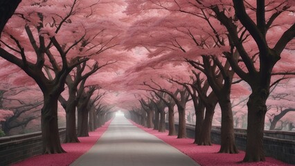 A Pathway Through a Canopy of Pink Blossoms - Powered by Adobe