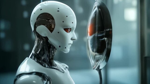 A humanoid robot is looking at its reflection in a mirror, showcasing advanced technology and futuristic design on a neutral background. Concept of AI
