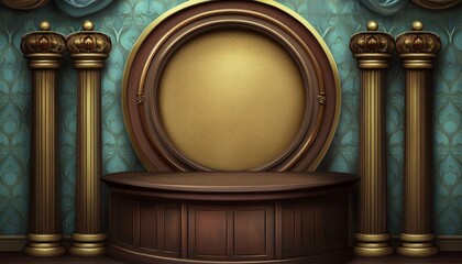 Ornate Wooden Table with Gold Columns and a Circular Frame